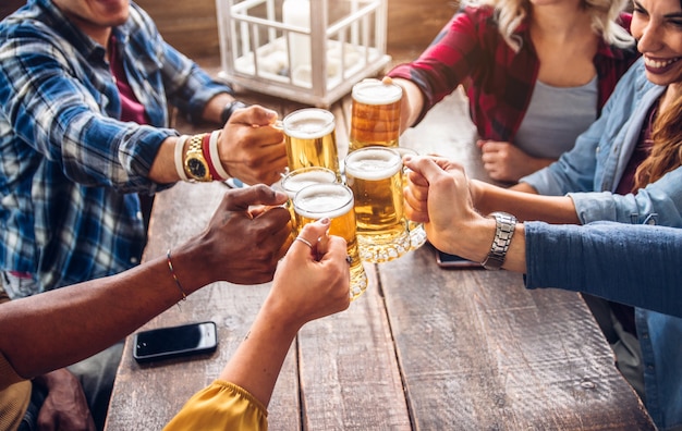 Groep mensen die een biertje in brouwerijcafé roosteren