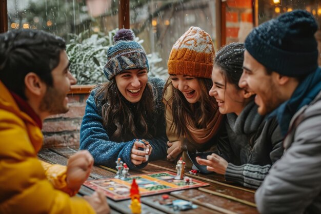 Foto groep mensen die een spel van monopoly spelen een groep vrienden die een hartelijke lach delen over een bordspel op een regenachtige middag ai gegenereerd