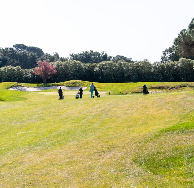 Groep mensen die golftastrolleys dragen op een golfbaan