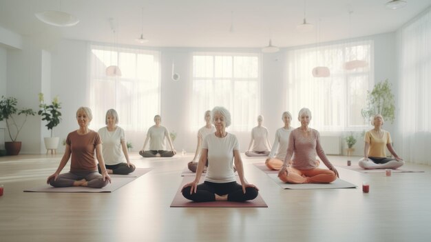 Groep mensen die in een kamer yoga beoefenen