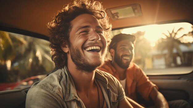 Groep mensen die op de achterkant van een bus rijden