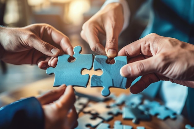 Foto groep mensen die puzzelstukjes vasthouden