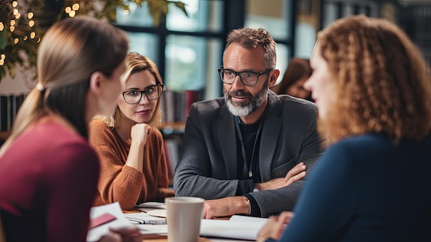 Foto groep mensen die rond een houten tafel zitten voor een bijeenkomst of discussie