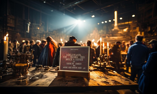 Foto groep mensen die rond een tafel staan met kaarsen