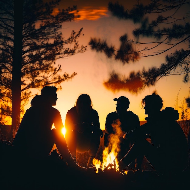 Foto groep mensen die rond het kampvuur zitten bij zonsondergang generatieve ai