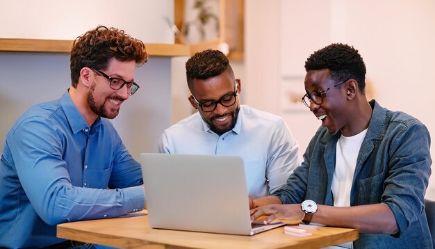 Groep mensen die samenwerken op een laptop