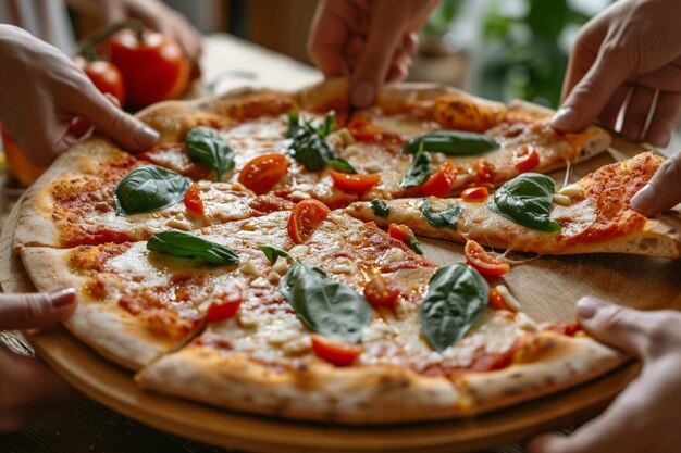 Groep mensen die stukjes pizza nemen van een houten bord close-up