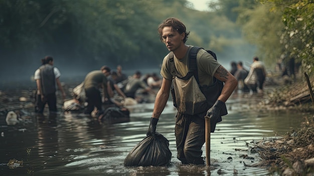 Groep mensen die vuilnis in het water verzamelen op Aardedag