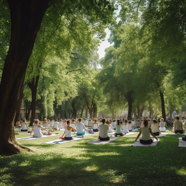 Groep mensen die yoga beoefenen in het stadspark