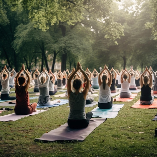 Groep mensen die yoga doen in het stadspark