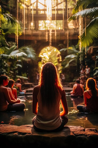 Groep mensen die yoga en meditatie doen tegen de jungle tropische palmen in het daglicht