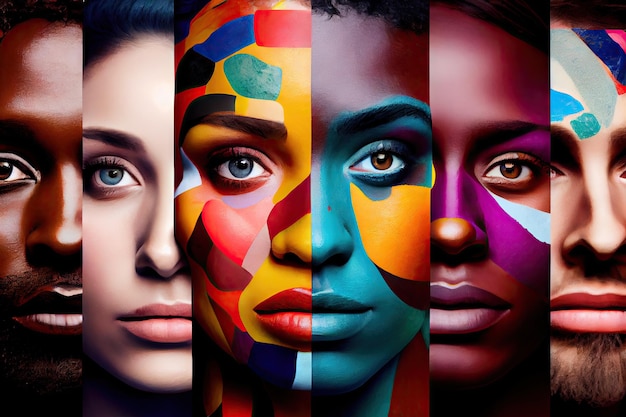 Groep mensen elk met een verschillende en kleurrijke gezichtscollage die diversiteit toont