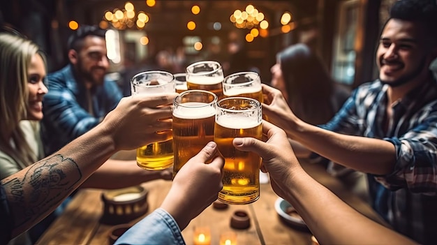 Groep mensen genieten en roosteren van een biertje in brouwerij pub