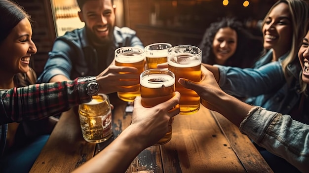 Groep mensen genieten en roosteren van een biertje in brouwerij pub