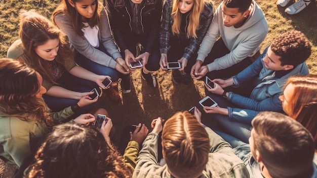 Groep mensen in cirkel met telefoons