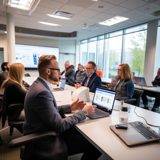 Groep mensen in een vergaderzaal die ideeën bespreken