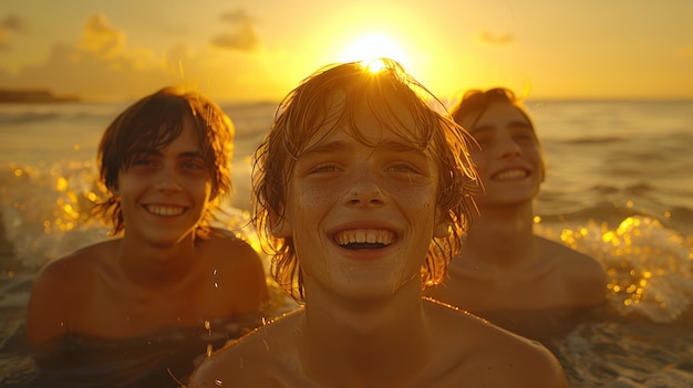 Groep mensen in het water bij zonsondergang