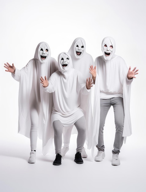 Groep mensen in witte spooksluier halloween-kostuums die zich voordeed op witte achtergrond