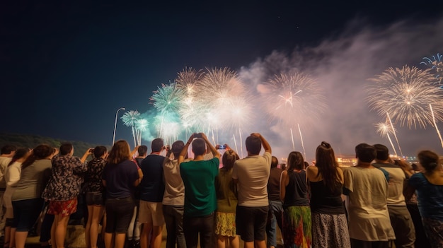 Groep mensen kijken naar vuurwerk Illustratie AI Generative