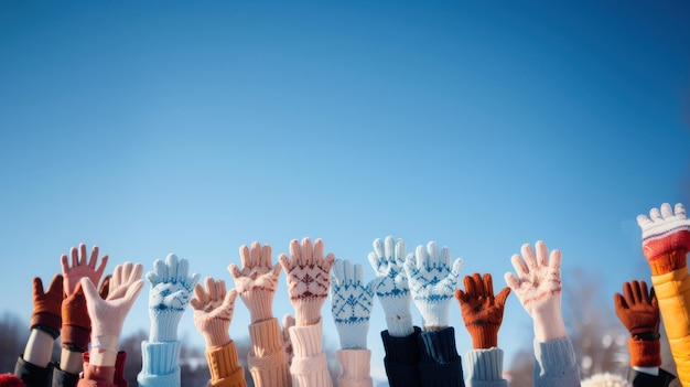 Groep mensen met handen in warme gebreide handschoenen opgeheven in de winter op blauwe achtergrond