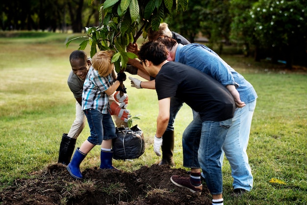 Groep mensen plant samen een boom buitenshuis