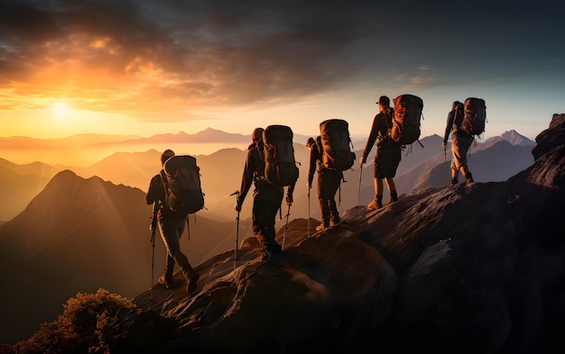 Groep mensen silhouetten op piek bergbeklimmen helpen elkaar concept