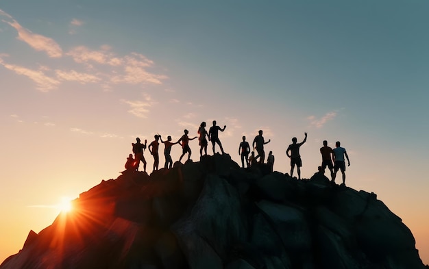 Groep mensen silhouetten op piek bergbeklimmen helpen elkaar concept