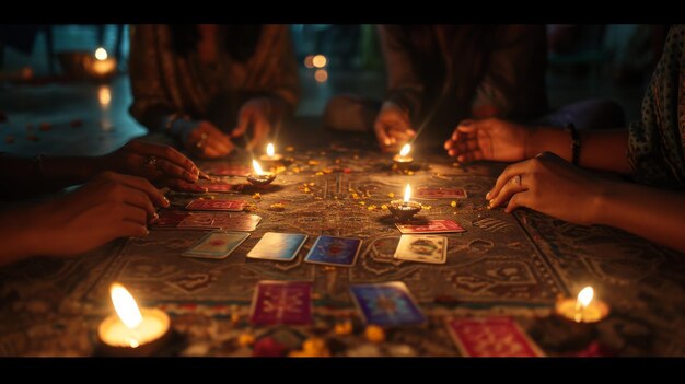 Groep mensen zit rond een tafel met kaarsen tijdens het dinervieren van Diwali