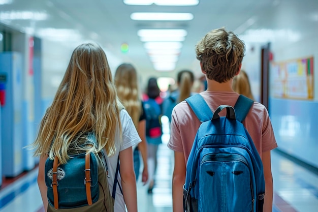 Foto groep middelbare scholieren die langs de gang rennen