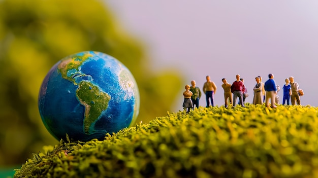 Groep miniatuur mensen die op het groene veld staan naast een gigantische wereldbol