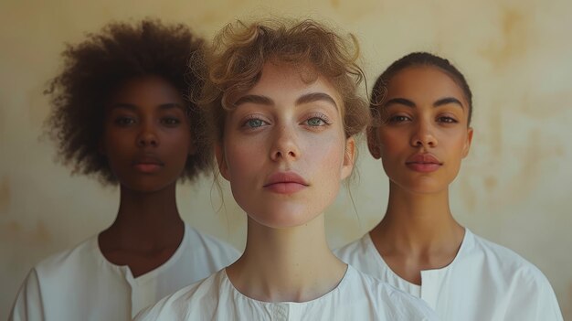 Foto groep modellen die in een studio op een bruine achtergrond staan en poseren voor het bevorderen van gezondheid en gelijkheid