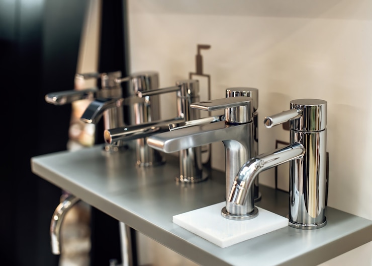 Groep moderne stijlvolle waterkranen voor badkamer in showroom Rijen met nieuwe kranen in sanitairwinkel