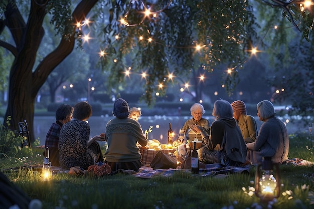 Groep moeders die een lachende picknick delen.