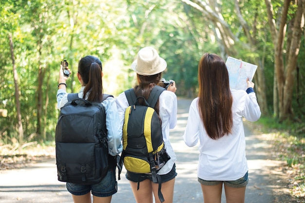 Groep mooie jonge vrouwen die in het bos lopen, die van vakantie genieten