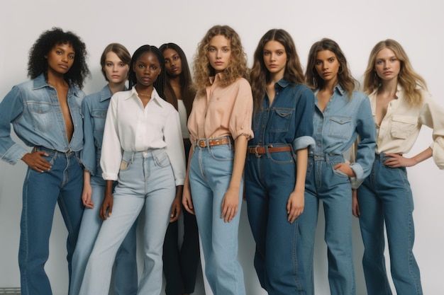 Groep mooie vrouwen in spijkerbroek kleding poseren in studio Fashion shot Generative AI