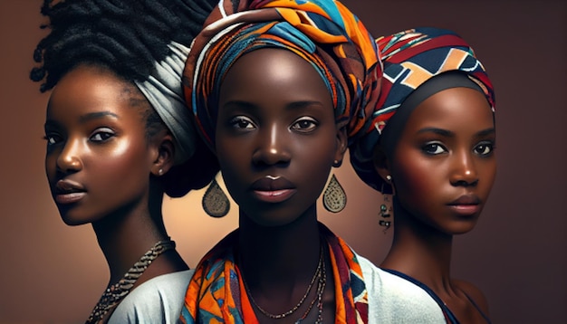 Groep mooie zwarte vrouwen poseren in studio op gekleurde achtergrond met kleurrijke modieuze kledingstijl
