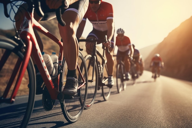 Groep motorrijders op fietsen bij groepsrit AI gegenereerd