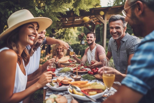 Groep multi-etnisch diverse mensen die plezier hebben, verhalen met elkaar delen en buiten eten op een etentje Familie en vrienden verzamelden zich buiten hun huis op een warme zomer Generatieve AI