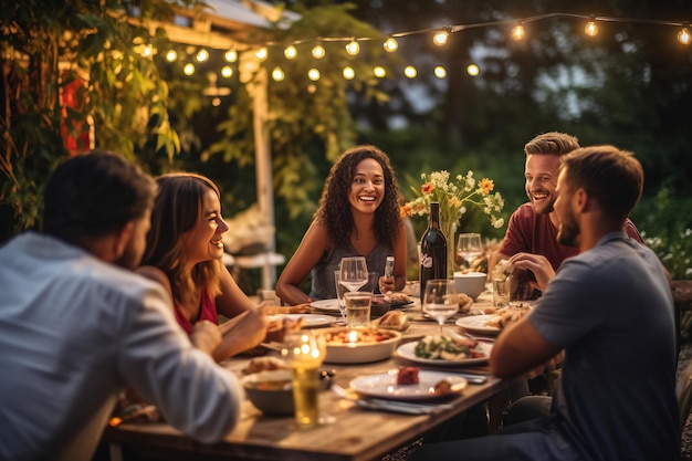 Groep multi-etnische diverse mensen die plezier hebben met elkaar communiceren en buiten eten Generatieve AI