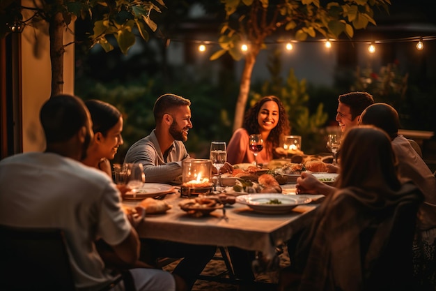 Groep multi-etnische diverse mensen die plezier hebben met elkaar communiceren en buiten eten Generatieve AI