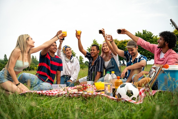 Groep multi-etnische tieners die tijd doorbrengen buiten op een picknick in het park