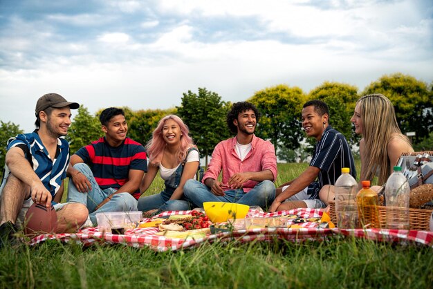 Groep multi-etnische tieners die tijd doorbrengen buiten op een picknick in het park