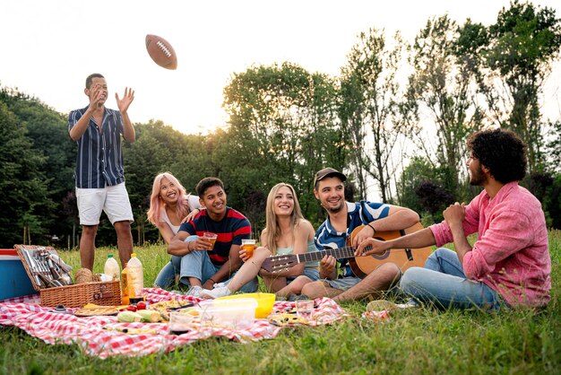 Groep multi-etnische tieners die tijd doorbrengen buiten op een picknick in het park