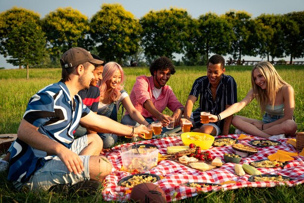 Groep multi-etnische tieners die tijd doorbrengen buiten op een picknick in het park