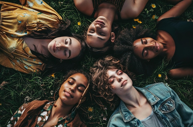 Groep multiraciale vrienden die plezier hebben met opkijken op het gras in een cirkel
