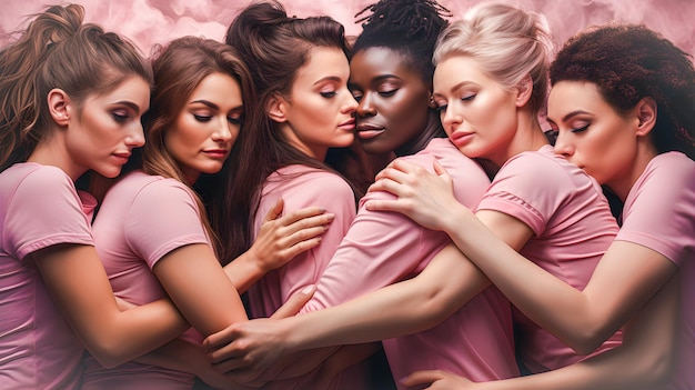 Foto groep multiraciale vrouwen die elkaar in het roze gekleed omhelzen ter ondersteuning van borstkanker bewustmaking en ondersteuning van borstkanker