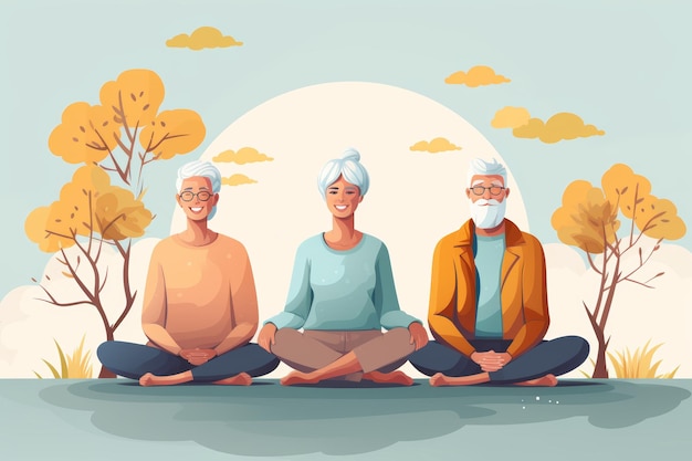 Groep oudere burgers die buiten meditatie beoefenen in een natuurlijke omgeving