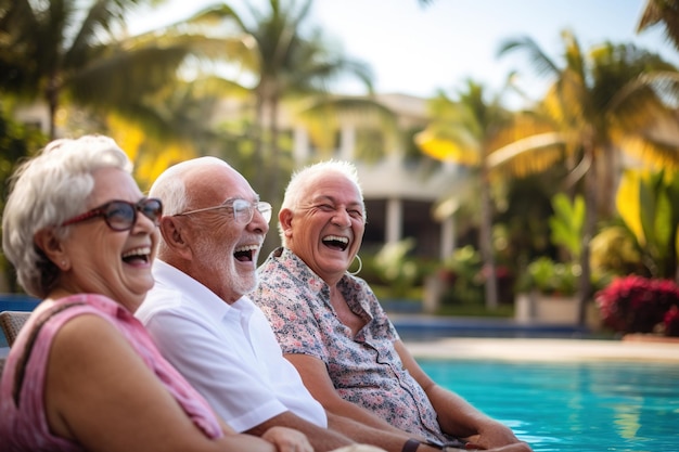 Groep oudere burgers die gelukkig lachen bij het zwembad.