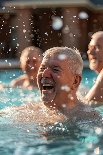 Groep oudere mannelijke vrienden zwemmen in een resort zwembad tijdens de zomervakantie