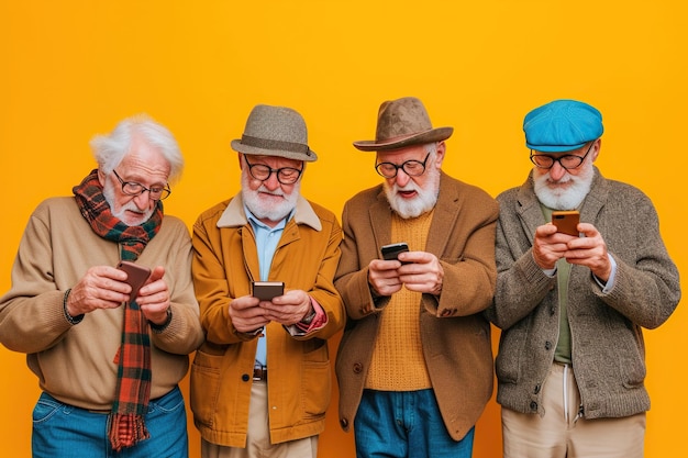 Groep oudere mannen kijkt naar smartphones op een gele achtergrond